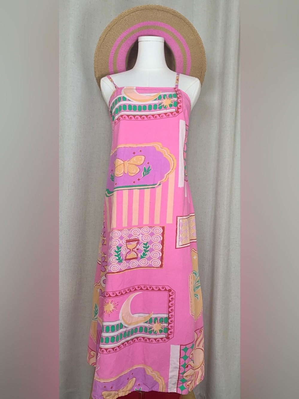 Japna Anthropologie Pink Retro Patchwork Midi Dress | Smocked Back
